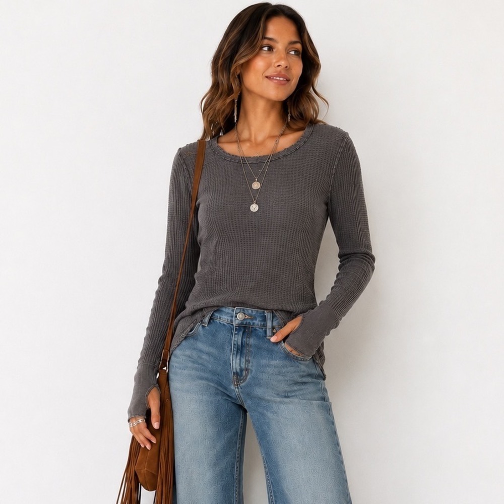 We The Free Thermal Top Large Gray Waffle Knit Long Sleeve Thumbhole Raw Edge
